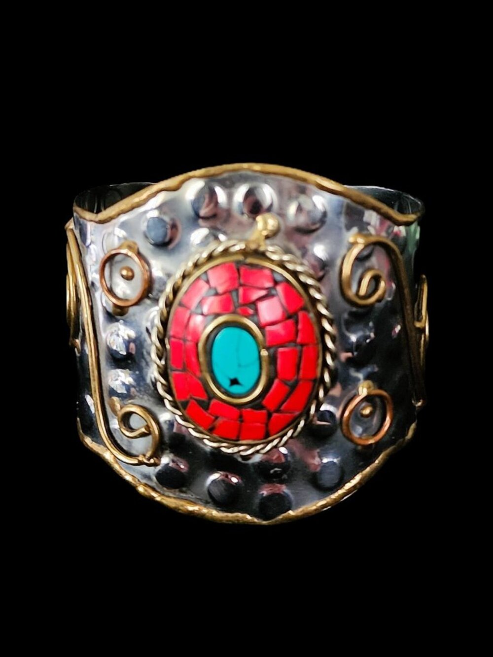 Vintage 2000 Mixed Metal Mosaic Boho Cuff - Substantial 46g